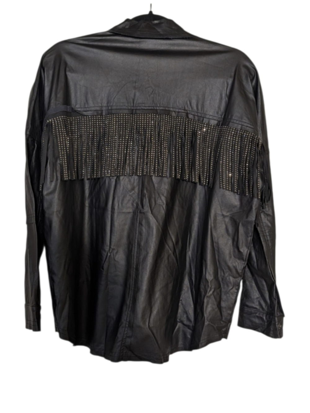 VICI Black Faux Leather Rhinestone Fringe Button Down Shirt Size Small - Picture 9 of 11
